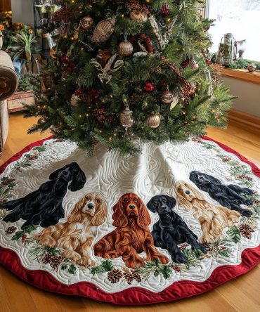 Snowy Spaniel Glow Quilted Tree Skirt — Winter Spaniel Design, Cozy Quilted Christmas Skirt With Festive Snow Motifs