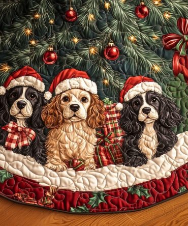 Snowy Spaniel Quilted Christmas Tree Skirt — Winter Dog-Themed Tree Skirt, Plush Quilting For Festive Living Room & Pet Lover Gifts