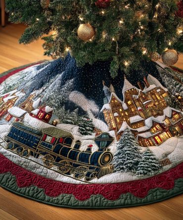 Snowy Track Quilted Christmas Tree Skirt - Scenic Winter Train Motif, Soft Holiday Bed For Tree Base To Hide Stand & Add Nostalgic Cheer