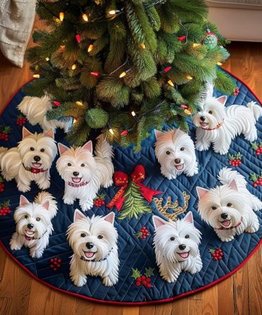 Snowy Westie Quilted Christmas Tree Skirt — Cute Snowy West Highland Terrier Design, Cozy Quilted Holiday Tree Skirt For Home
