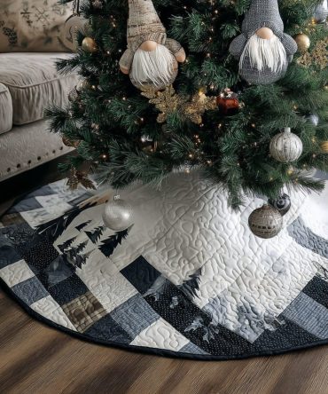 Snowy Woods Quilted Christmas Tree Skirt - Scenic Winter Forest Holiday Base Cover, Soft Layer For Classic Seasonal Decor