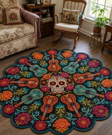 Songs For The Souls Decorative Custom Rug — Musical Dia De Los Muertos Theme, Vivid Colors, Easy-Care & Slip-Resistant