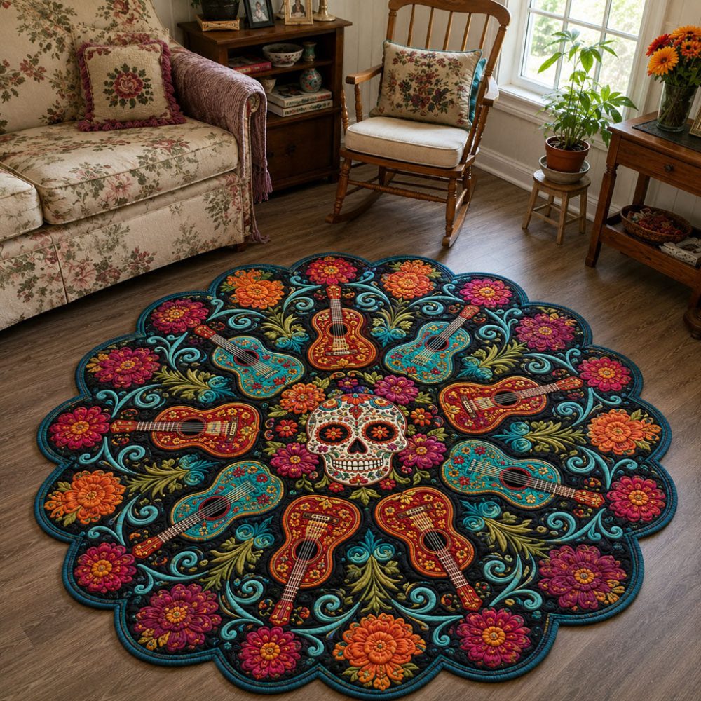 Songs For The Souls Decorative Custom Rug — Musical Dia De Los Muertos Theme, Vivid Colors, Easy-Care & Slip-Resistant