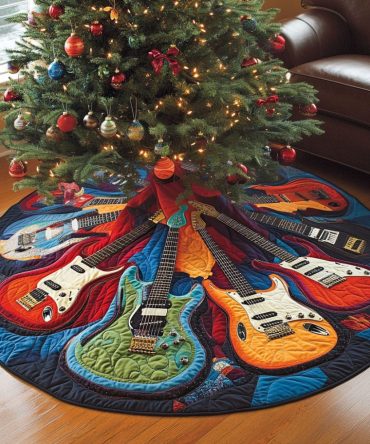 Sonic Blast Quilted Holiday Tree Skirt — Retro Guitar Motif, Premium Plush Quilting, 48-Inch Round, Machine-Washable & Gift-Ready