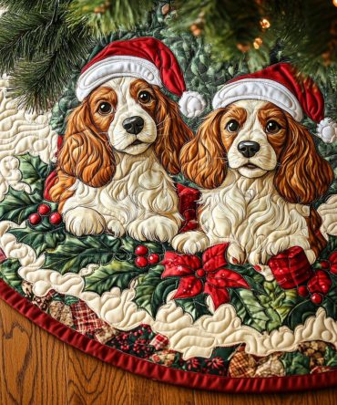 Bliss Spaniel Quilted Christmas Tree Skirt - Delightful Dog-Themed Holiday Tree Skirt, Luxurious Quilting, Washable & Pet-Friendly