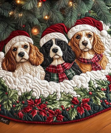 Spaniel Wonder Quilted Christmas Tree Skirt - Festive Dog Holiday Tree Skirt, Reversible Patchwork, Plush Quilting, 48 Inch Diameter