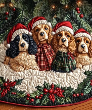 Spaniel Dreams Come True Quilted Christmas Tree Skirt - Whimsical Dog Holiday Skirt, Reversible Patchwork, Plush Quilting, 48 Inch Diameter