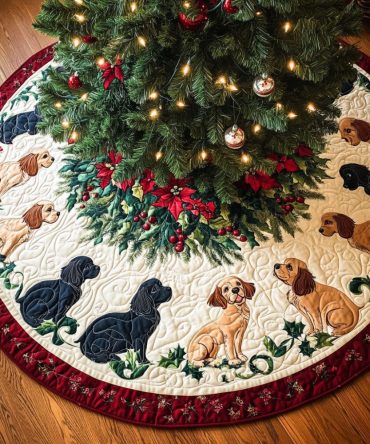 Dreams Spaniel Quilted Christmas Tree Skirt - Elegant Dog-Themed Holiday Tree Skirt, Soft Quilting, Durable & Easy-Care