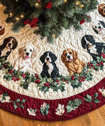 Glow Spaniel Quilted Christmas Tree Skirt - Bright Dog-Themed Holiday Tree Skirt, Quilted Comfort, Easy Care & Stylish Protection