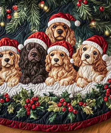 Spaniel Harmony Quilted Christmas Tree Skirt - Harmonious Dog-Themed Holiday Skirt, Reversible Patchwork, Soft Cotton Blend, 48 Inch Diameter