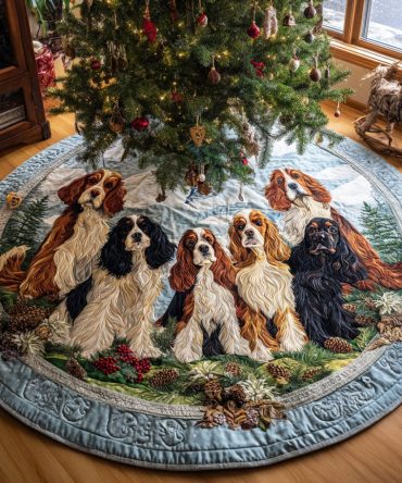 Spaniel Holiday Spirit Quilted Tree Skirt — Joyful Dog-Themed Quilted Christmas Skirt, Festive Gift Accent For Spaniel Lovers