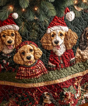Spaniel Magic Quilted Christmas Tree Skirt - Enchanting Dog Holiday Skirt, Reversible Patchwork, Plush Quilting, 48 Inch Diameter