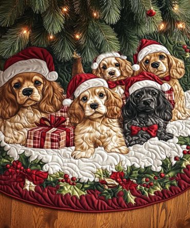 Spaniel Meadow Quilted Christmas Tree Skirt - Rustic Meadow Dog Holiday Skirt, Reversible Patchwork, Soft Cotton Blend, 48 Inch Diameter