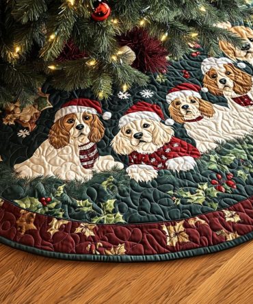 Spaniel Playtime Quilted Christmas Tree Skirt - Playful Dog Holiday Skirt, Reversible Patchwork, Durable Quilting, 48 Inch Diameter