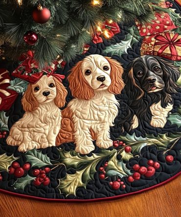 Spaniel Starlight Quilted Christmas Tree Skirt - Sparkling Dog-Themed Holiday Skirt, Reversible Patchwork, Cozy Quilting, 48 Inch Diameter