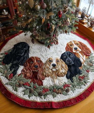 Spaniel By The Fire Quilted Christmas Tree Skirt — Festive Dog-Themed Quilted Skirt, Charming Spaniel Holiday Accent For Dog Lovers
