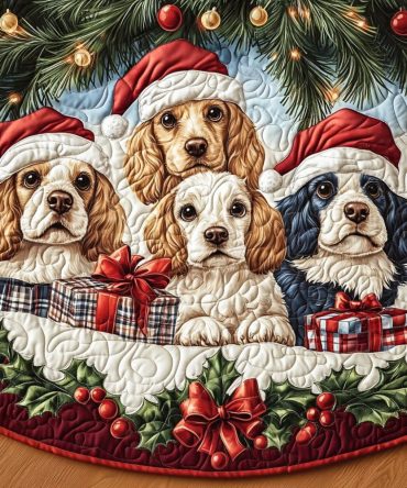 Spaniel In Snow Quilted Christmas Tree Skirt - Cozy Snowy Dog Holiday Skirt, Reversible Patchwork, Soft Quilted Cotton, 48 Inch Diameter