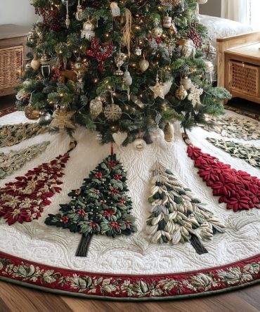 Sparkling Pines Quilted Holiday Tree Skirt — Luxurious Embroidered Sparkle Trees Design For Festive Décor