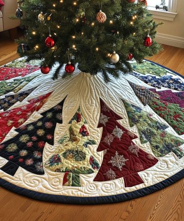 Sparkling Pine Quilted Christmas Tree Skirt — Shimmering Pine Motif Holiday Skirt , Quilted Luxury Decor To Elevate Your Tree & Gifts
