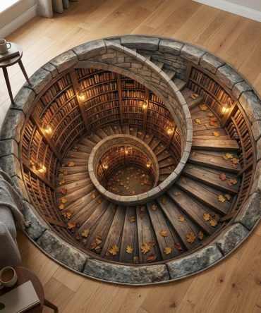 Spiral Library Depth Round Area Rug — Intricate Spiral Bookshelf Design Circular Carpet For Study & Living Areas, Soft Low-Pile & Durable Backing