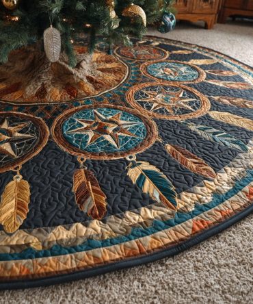 Spirit Feathers Quilted Christmas Tree Skirt — Ethereal Western Feather Design For Cozy, Handmade-Look Holiday Decor