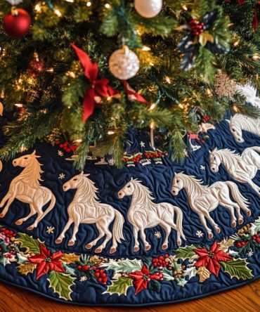 Spirit Of The Plains Quilted Christmas Tree Skirt - Western Horse Design, Cozy Quilted Holiday Accent For Rustic & Ranch Décor