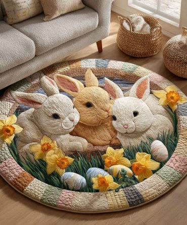 Springtime Bunny Nest Round Rug — Adorable Kids’ Area Rug With Soft Plush Pile For Nursery Or Toddler Room, Non-Slip & Hypoallergenic