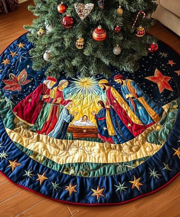 Stable Stars Quilted Holiday Tree Skirt — Starry Nativity Design For Christmas Tree Base, Gift Presentation & Seasonal Warmth