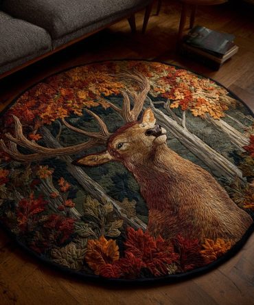 Birch Trail Stag Round Rug - Neutral Woodland Circular Area Rug, Soft Texture, Stain-Resistant & Non-Slip For Entryway Or Nursery