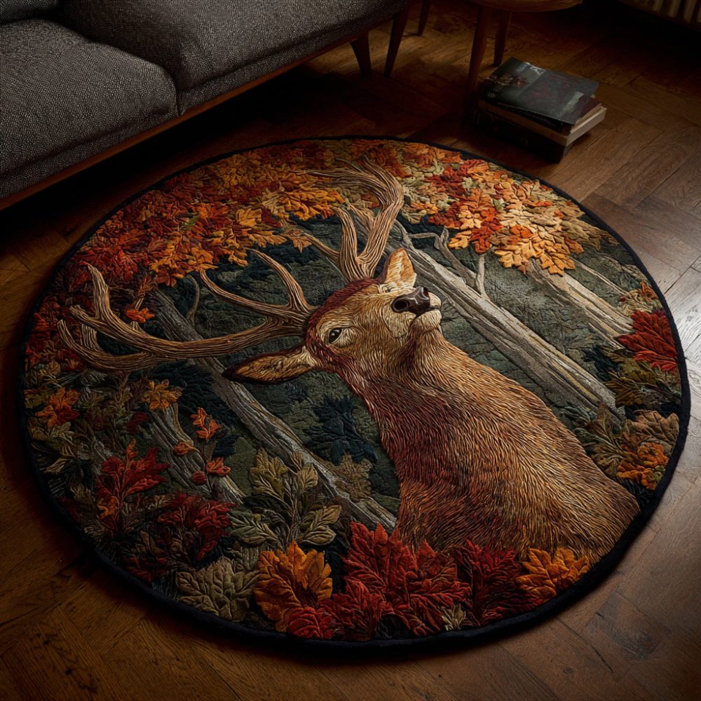 Birch Trail Stag Round Rug - Neutral Woodland Circular Area Rug, Soft Texture, Stain-Resistant & Non-Slip For Entryway Or Nursery