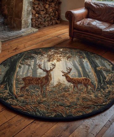 Elegant Stag Scroll Round Rug - Ornate Chalet-Inspired Circular Area Rug, Premium Soft Pile, Non-Slip Backing For Hall & Living