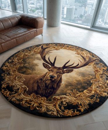Forest Canopy Stag Circular Rug - Lush Green Woodland Round Area Rug, Durable Fade-Resistant Accent For Cabin & Living Room
