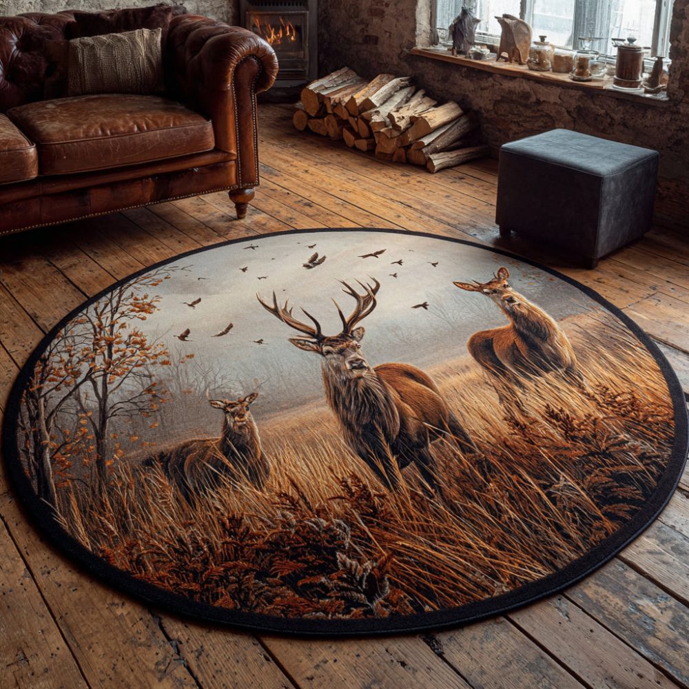 Golden Stag Round Area Rug - Rustic Field-Inspired Circular Accent Rug, Soft Low-Pile Non-Slip Living Room & Entry Decor