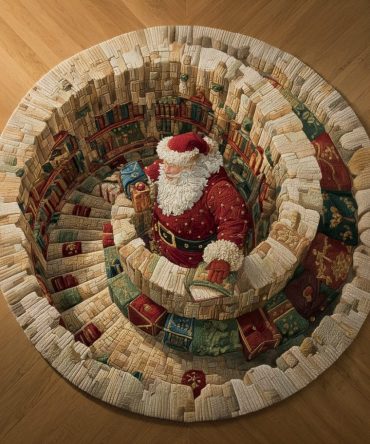 Stairway To Santa Festive Round Rug — Charming Christmas Stairway & Santa Circular Accent Rug For Entry, Living Room, Durable & Easy-Clean