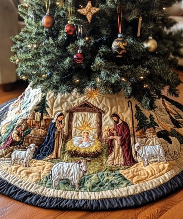 Star Of Peace Quilted Tree Skirt — Radiant Nativity Motif, Plush Quilting, Elegant Christmas Base Cover For Serene Holiday Styling
