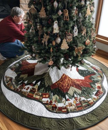 Starlight Village Quilted Christmas Tree Skirt — Sparkling Village Scene Holiday Base Cover For Classic Festive Decor