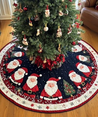 Starlit Santa Quilted Tree Skirt - Festive Star & Santa Holiday Centerpiece, Premium Cotton-Blend, 48" Diameter, Gift-Ready Packaging