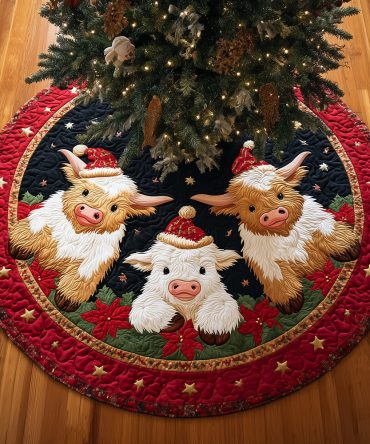 Starry Cow Night Quilted Holiday Tree Skirt — Premium Soft Quilting, Festive Farmhouse Accent, Easy-Tie Closure, Washable & Gift-Perfect