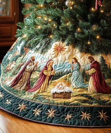 Starry Nativity Quilted Tree Skirt — Classic Nativity Scene Holiday Decor, Quilted Religious Christmas Base For Timeless Celebrations