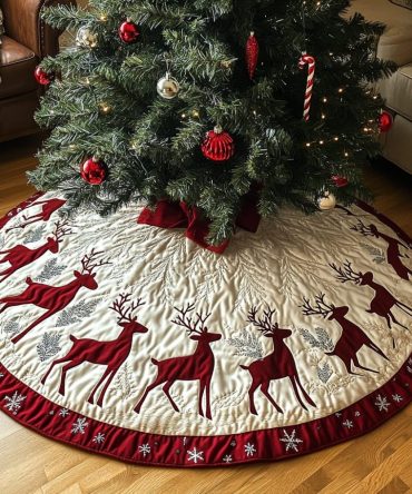 Starry Night Antlers Quilted Tree Skirt — Midnight-Themed Christmas Tree Skirt With Antler Silhouette For Cozy, Stylish Holidays