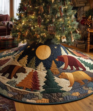 Starry Trail Retreat Quilted Christmas Tree Skirt — Starry Night Woodland Holiday Skirt For Cozy Rustic Home Decor