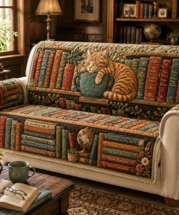 Vintage Teacup Cat Quilted Sofa Cover — Charming Storybook Pattern Slipcover, Pet-Proof & Soft, Fits Most 2-3 Seater Sofas, Machine Washable
