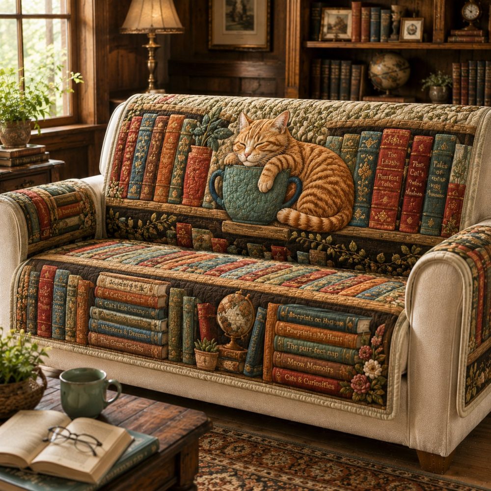 Vintage Teacup Cat Quilted Sofa Cover — Charming Storybook Pattern Slipcover, Pet-Proof & Soft, Fits Most 2-3 Seater Sofas, Machine Washable