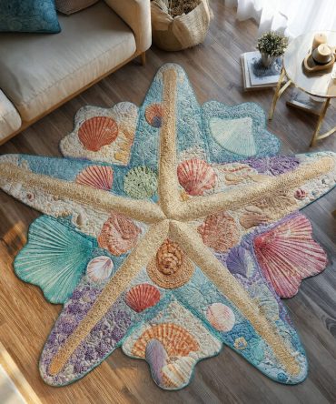 Summer Shoreline Shaped Rug - Bright Coastal Floor Mat With Seashell & Surf Motif, Durable Indoor/Outdoor Accent Rug For Porch & Living Areas