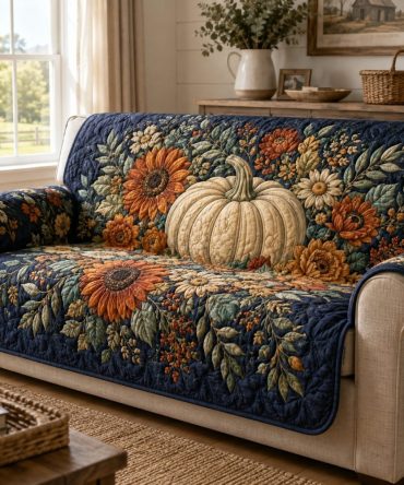 Sunflower & Pumpkin Quilted Sofa Cover — Fall-Themed Couch Protector, Reversible Decorative Slipcover, Machine-Washable, Pet-Friendly Stretch Fit