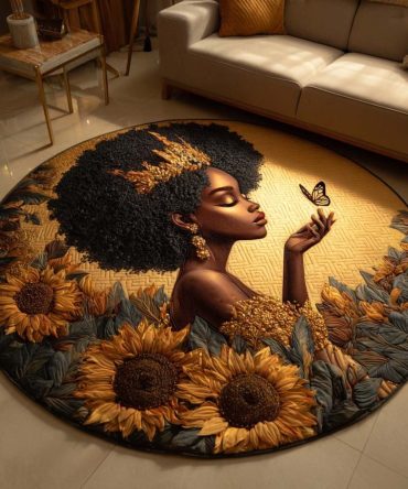 Sunflower Queen Round Area Rug — Vibrant Sunflower Motif Round Rug For Kitchen, Porch, Entryway & Cheerful Home Accent