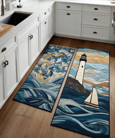 Sunny Lighthouse Bright Kitchen Rug - Vibrant Lighthouse Print, Non-Slip Cushioned Microfiber Mat, Machine Washable, Anti-Fatigue Comfort For Kitchens