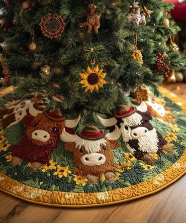 Sunny Moo Crew Quilted Christmas Tree Skirt — Bright Farmhouse Holiday Décor, Plush Quilting, Durable Cotton Blend, Easy Care & Gift-Ready