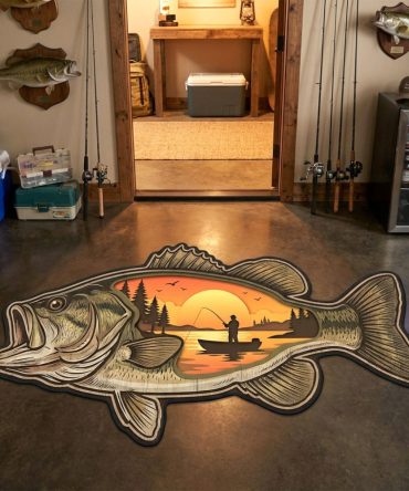 Sunset Bass Retreat Rug — Serene Bass-Shaped Area Rug With Dusk Palette, Durable Machine-Washable Fiber, Non-Slip, Perfect For Cabins & Coastal Homes