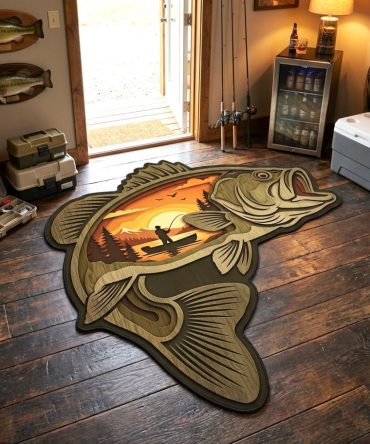 Sunset Bass Scenic Rug — Warm-Tone Bass-Shaped Area Rug With Sunset Artwork, Fade-Resistant, Indoor/Outdoor Versatile, Non-Slip Backing
